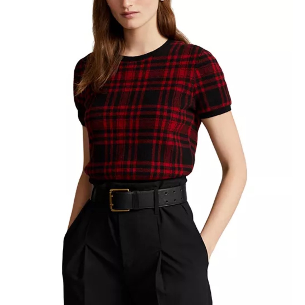 Polo Ralph Lauren Plaid Wool short sleeve sweater size small red and black